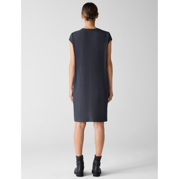 Eileen Fisher Textured Stretch Rib Round Neck Dress Boxy Black Knee Length - Picture 2 of 10